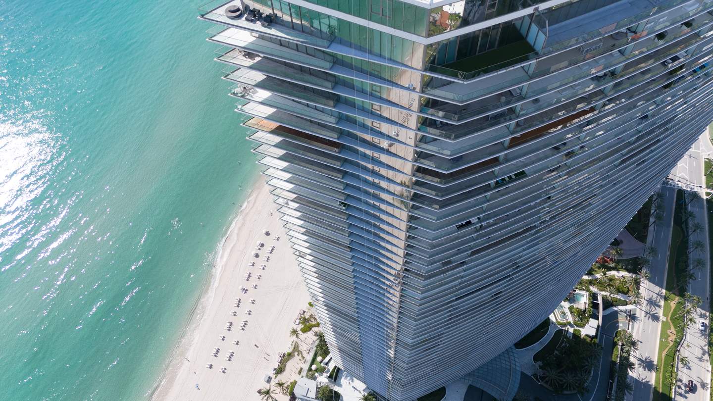Drone aerial — oceanfront tower, South Florida