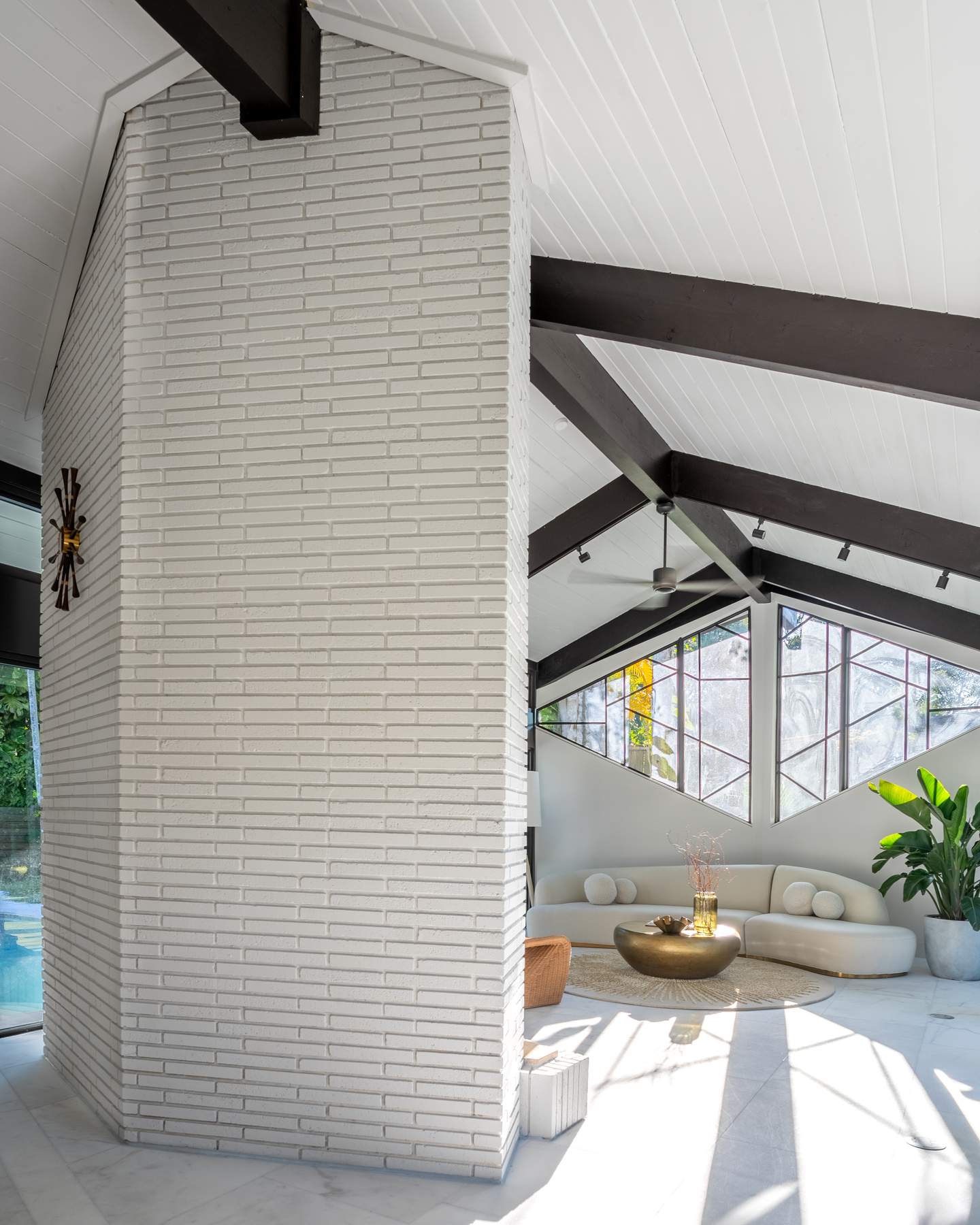 Living room with vaulted ceilings and exposed beams