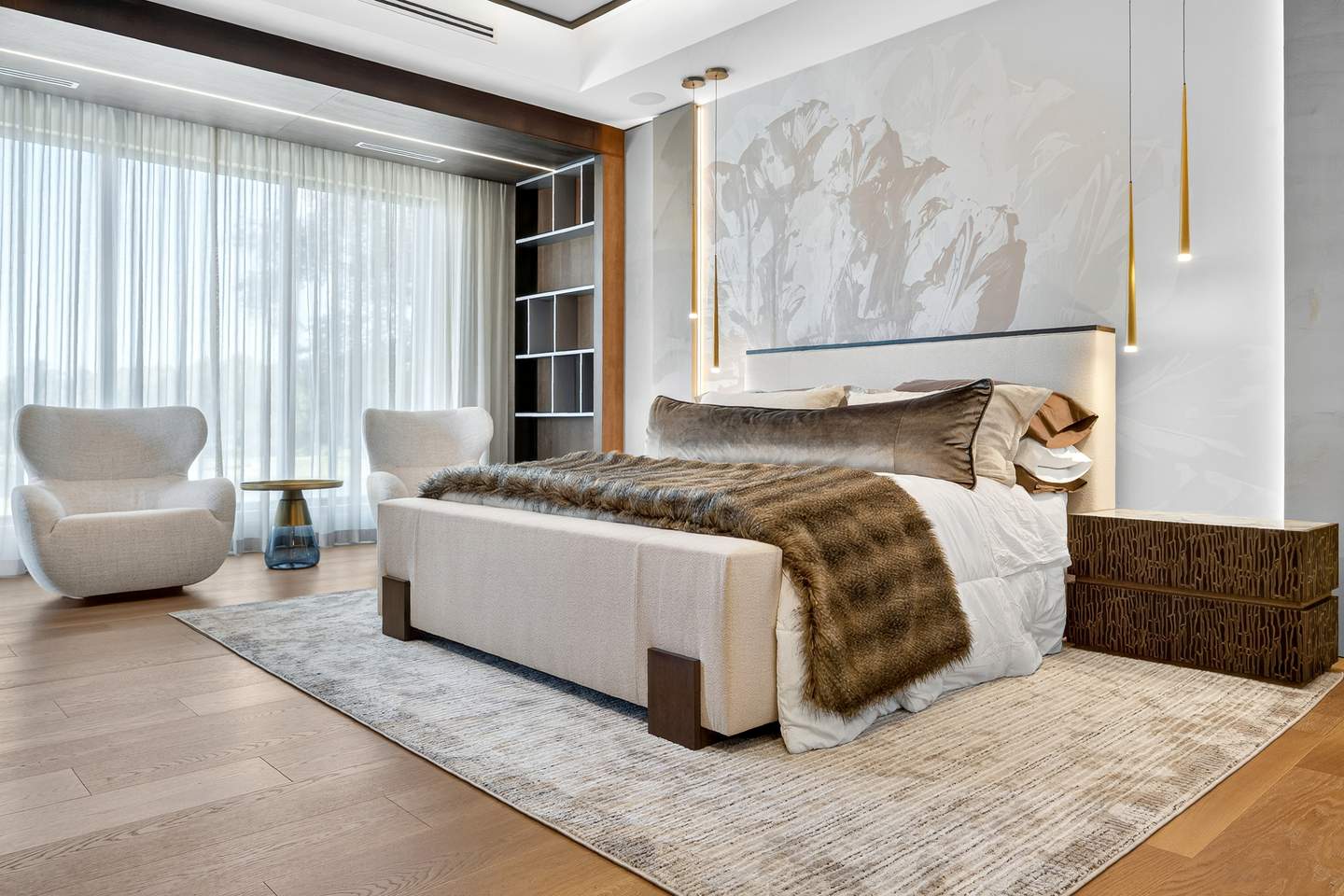 Primary suite with abstract mural headboard