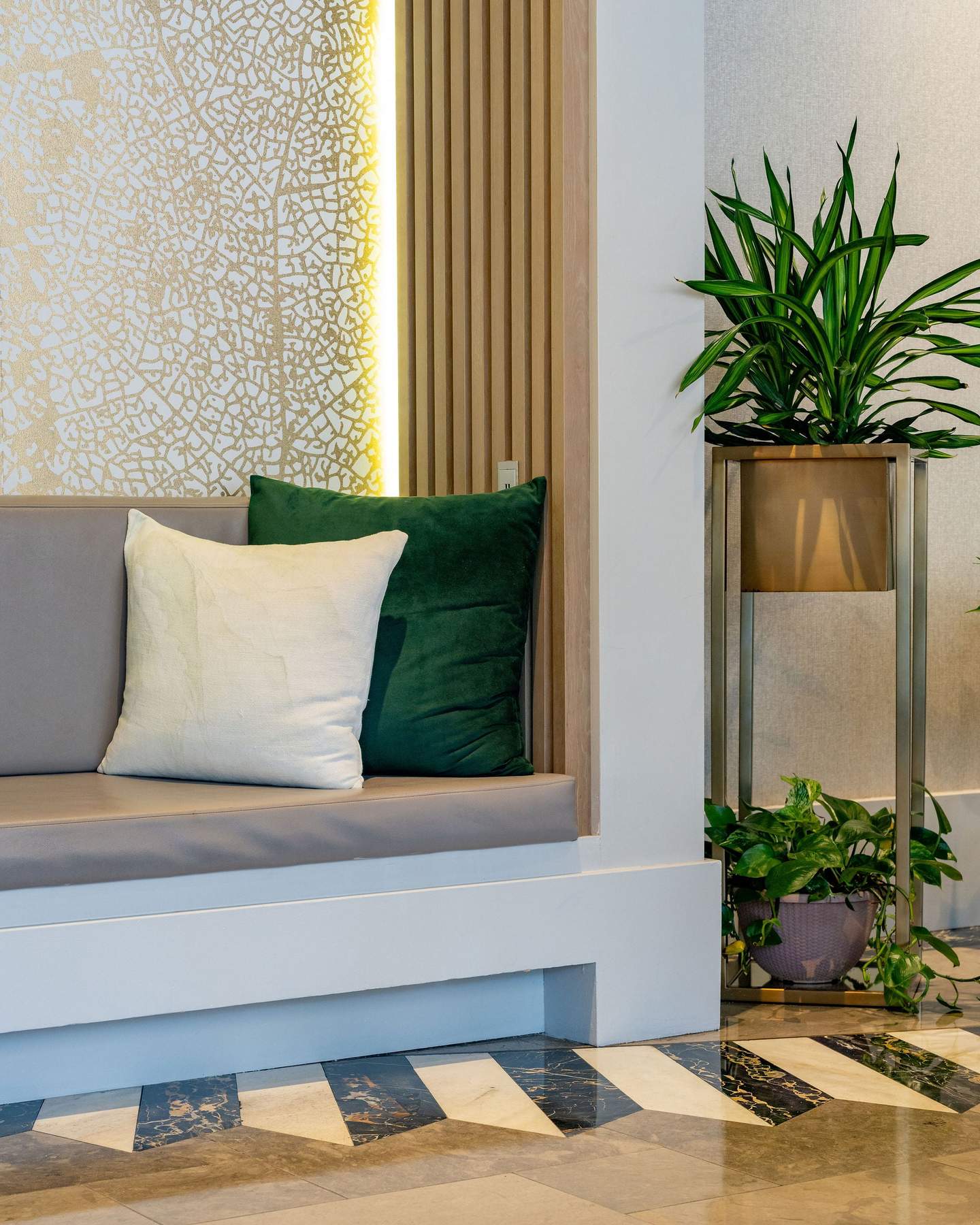Lobby lounge nook with velvet pillows